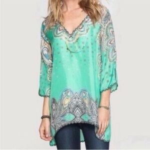 Johnny Was Teal and Black Paisley Silk Tunic Top Size Medium